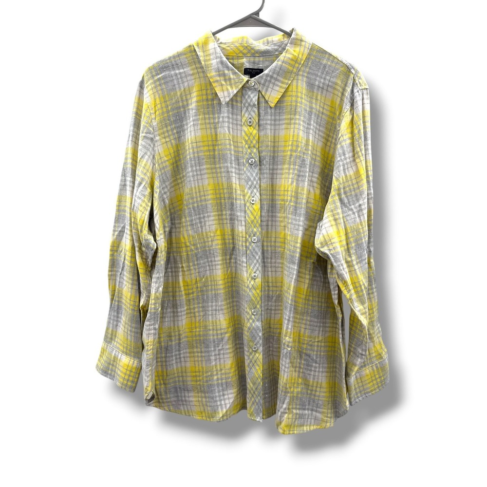 Talbots Button Down Shirt Womens 3X Yellow Grey Plaid Metallic NWT